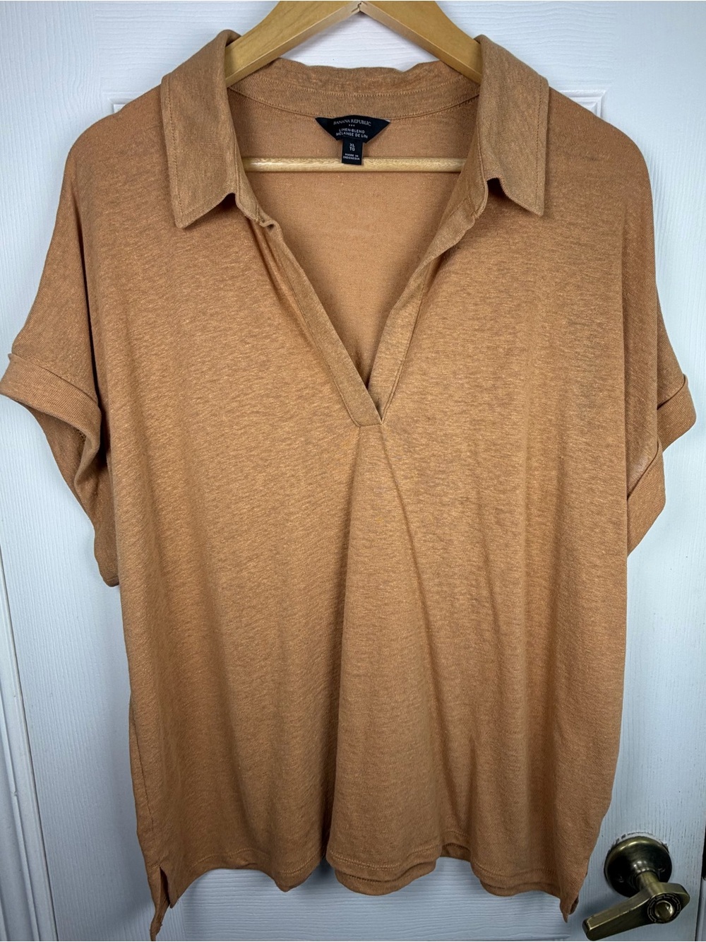 Banana Republic Camel Linen Blend Polo Tunic XL Relaxed V-Neck Casual Top